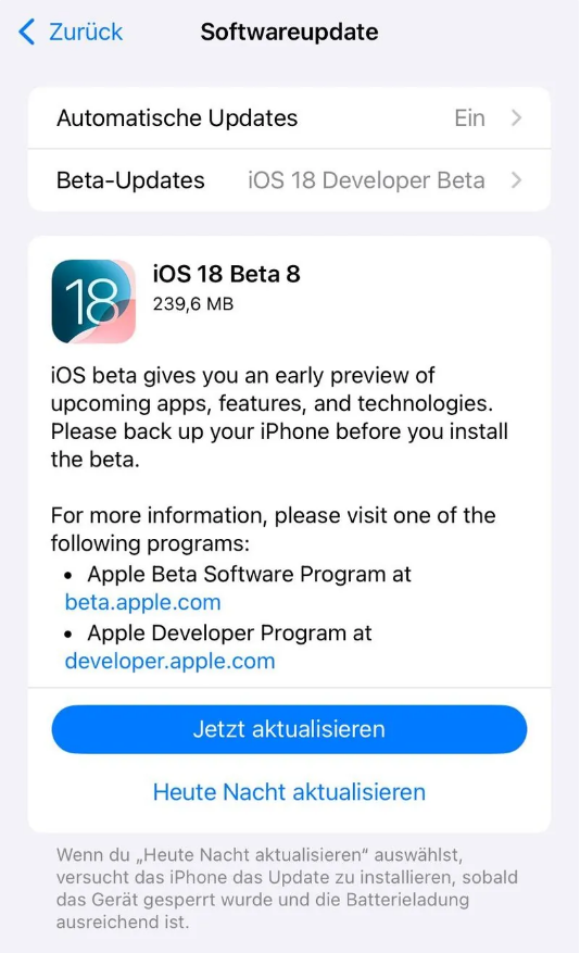 三穗苹果手机维修分享苹果 iOS / iPadOS 18 开发者预览版 Beta 8 发布 